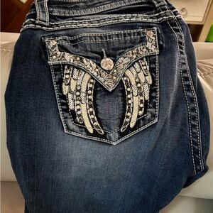 Miss Me Blue Boot Cut Jeans with Ornate Embellishments
